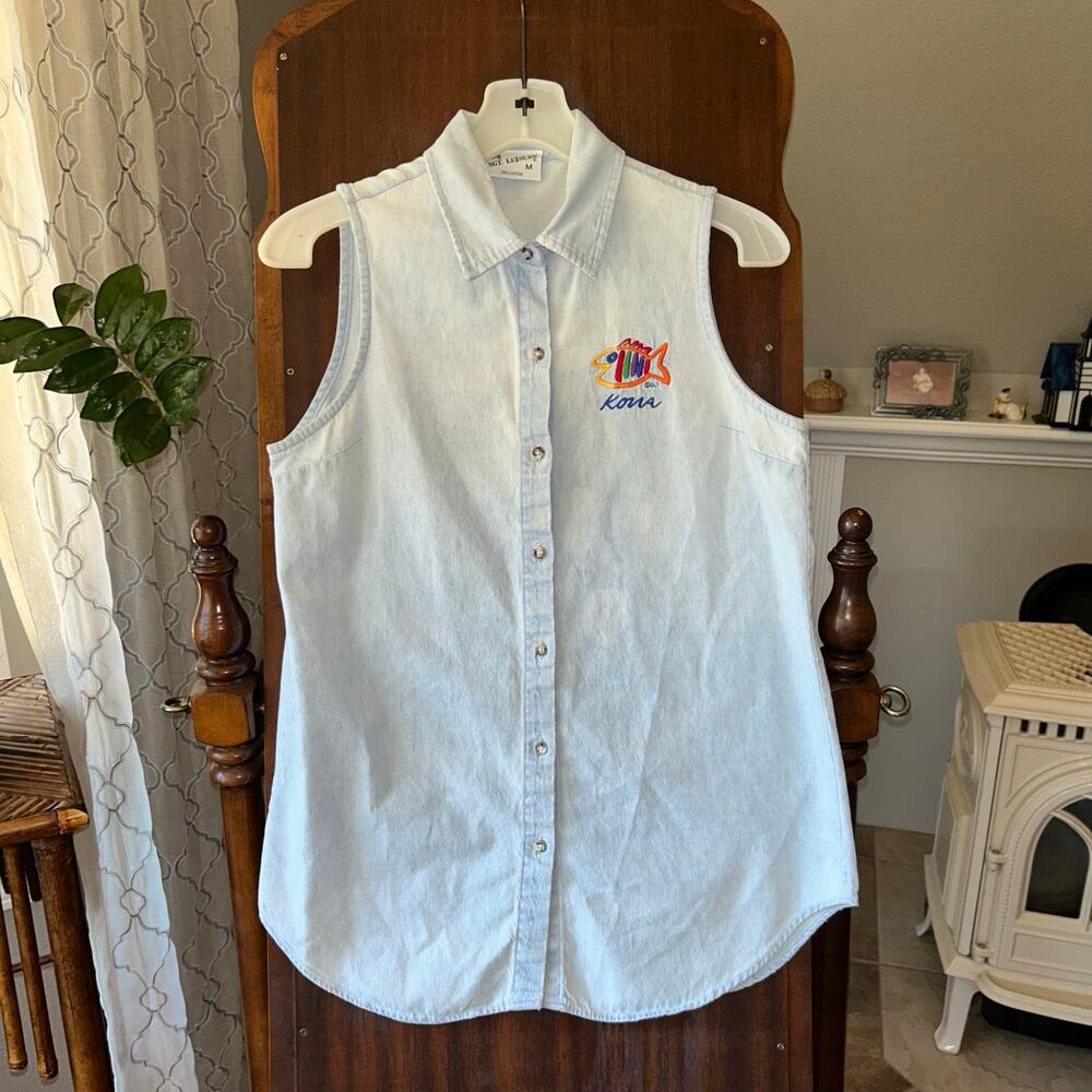 Vintage SGT. Leisure Embroidered Kona Sleeveless Denim Shirt Top USA medium